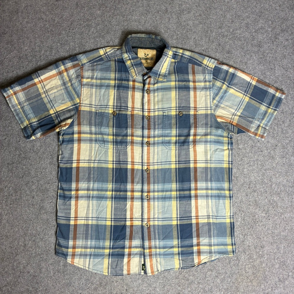 Outdoor Life Mens Medium Blue Yellow Plaid Short Sleeve Cotton Button Down Shirt